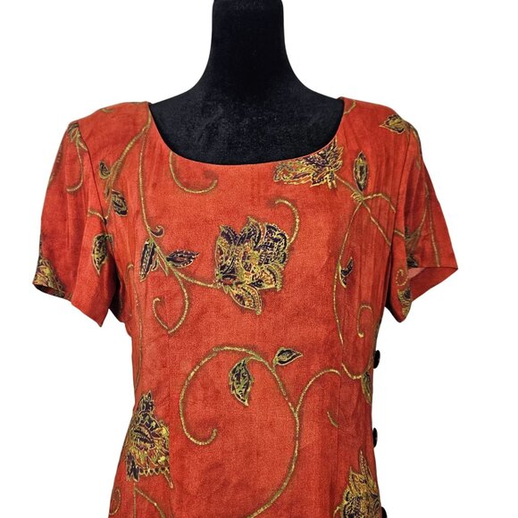 Vintage S.L. Fashions Womens Orange Floral Midi Dress Size 8 Side Buttons Casual - Picture 5 of 10